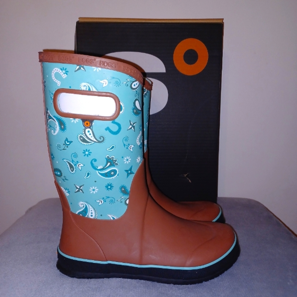 Bogs Girls Western Brown Aqua Turquoise Rain Boots Waterproof Shoes